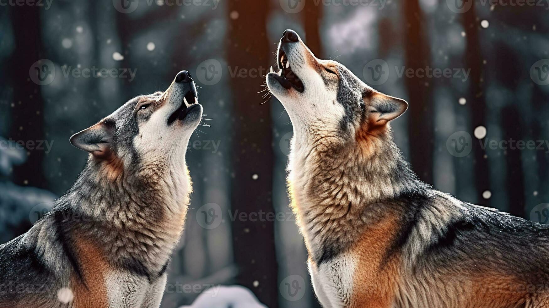 Two wolves expressing emotions and howling in the wild winter forest. Wintertime Wolves. Generative AI photo