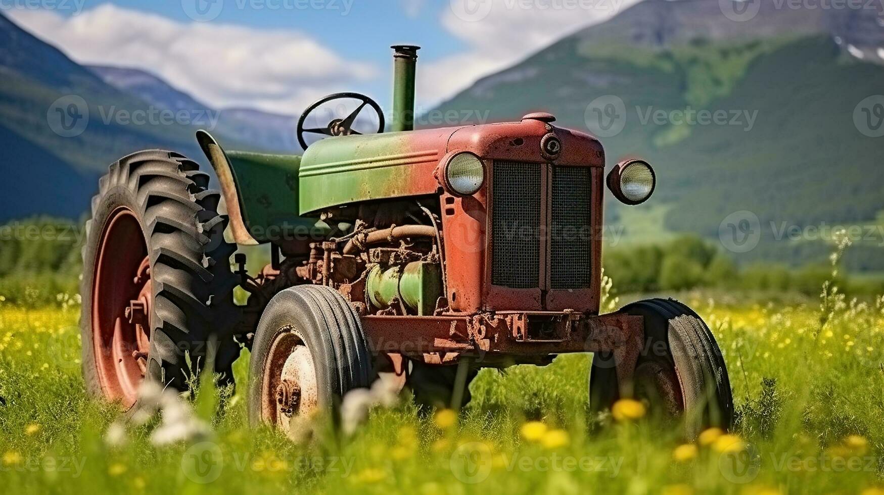 Clásico tractor en medio de el prados generativo ai foto