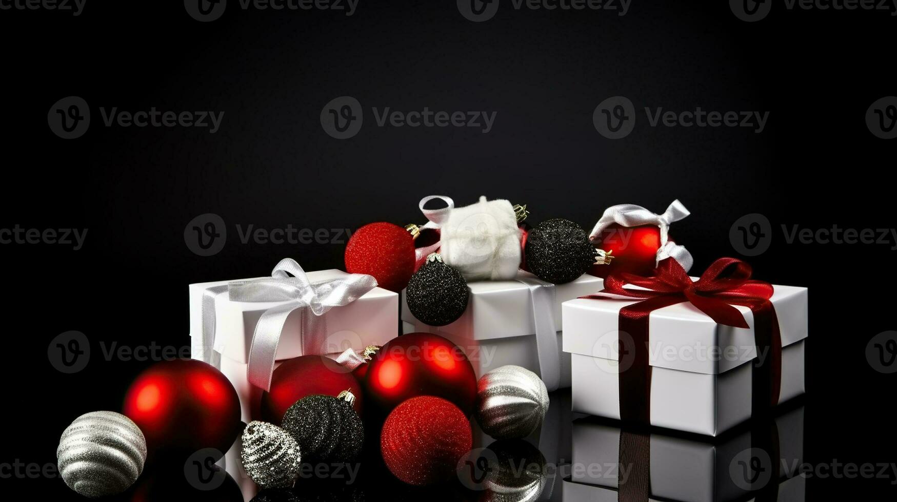 Present red and white boxes and christmas balls on black background. Generative AI photo