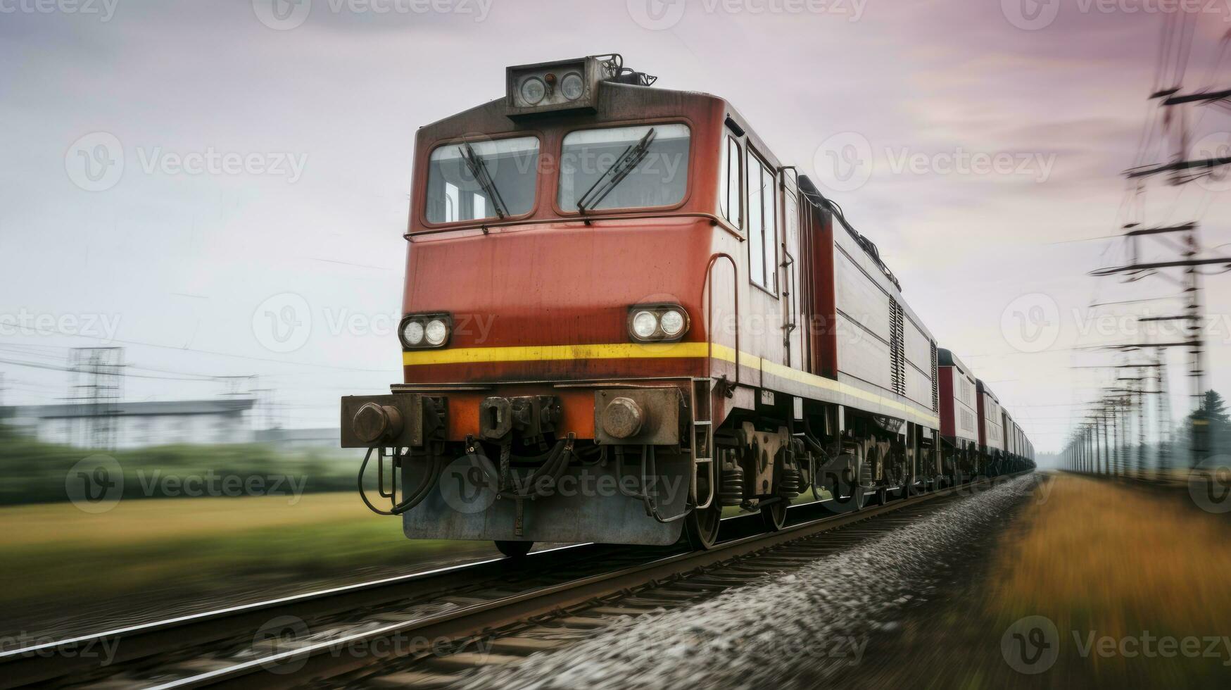 Freight train goes by rail. Fast delivery of heavy cargo by train. Blurred background gives a feeling of rapid movement. Generative AI photo