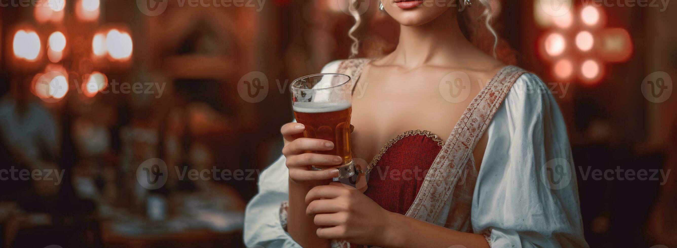 Savoring the Moment - A Bavarian-Dressed Woman Enjoying a Beer. Generative AI photo