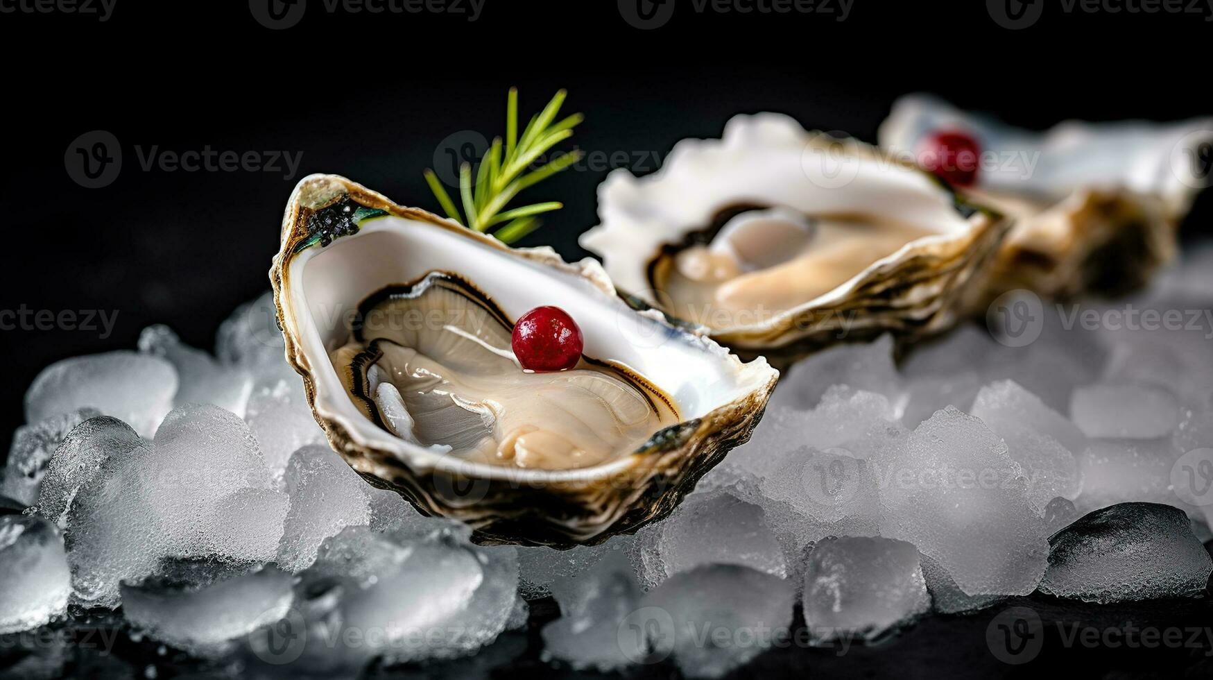 An Exquisite Freshly Shucked Oyster Presented on a Bed of Chilled Crushed Ice. Generative AI photo