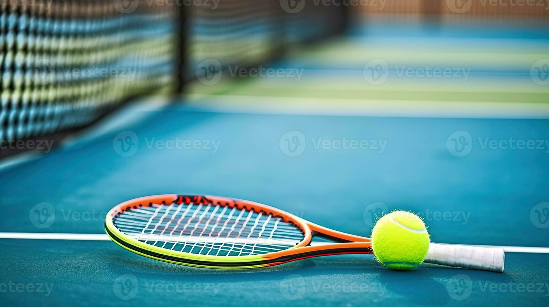 Tennis balls and racket on tennis court with white line. Generative AI photo