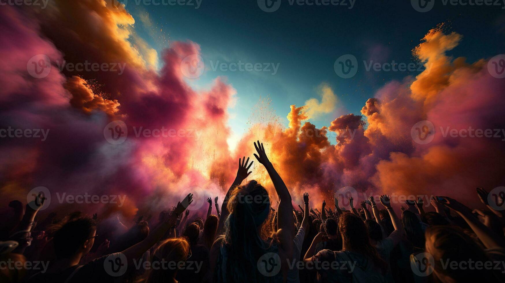 Holi festival celebration, people colorful silhouettes smear and drench each other with colours. Generative AI photo