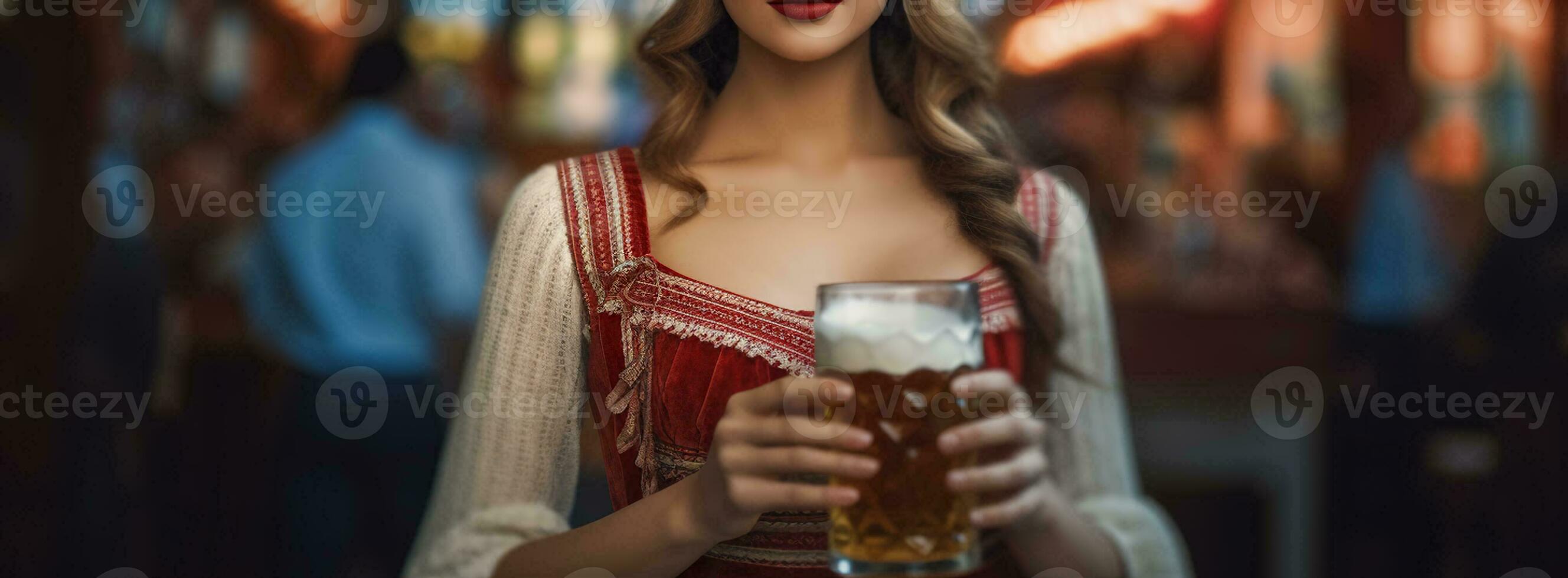 Unrecognizable Face A woman dressed in bavarian wear holds a glasses of beer, Generative AI photo