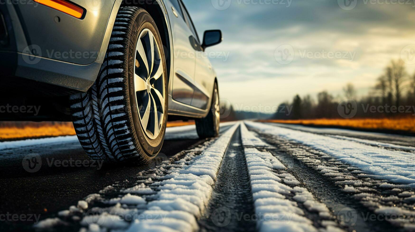 Seasonal Shift On an asphalt road, a mix of new winter and summer tires. Generative AI photo