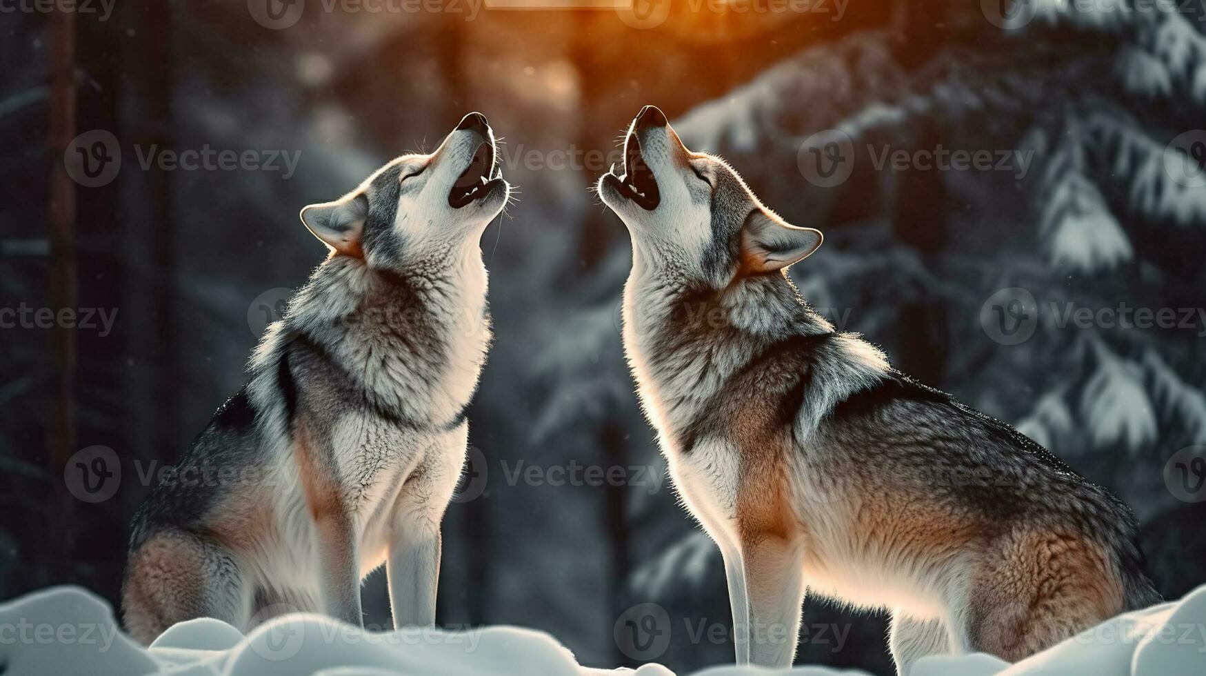 Wolves Howling and Sharing Emotions in the Snowy Woods. Generative AI photo