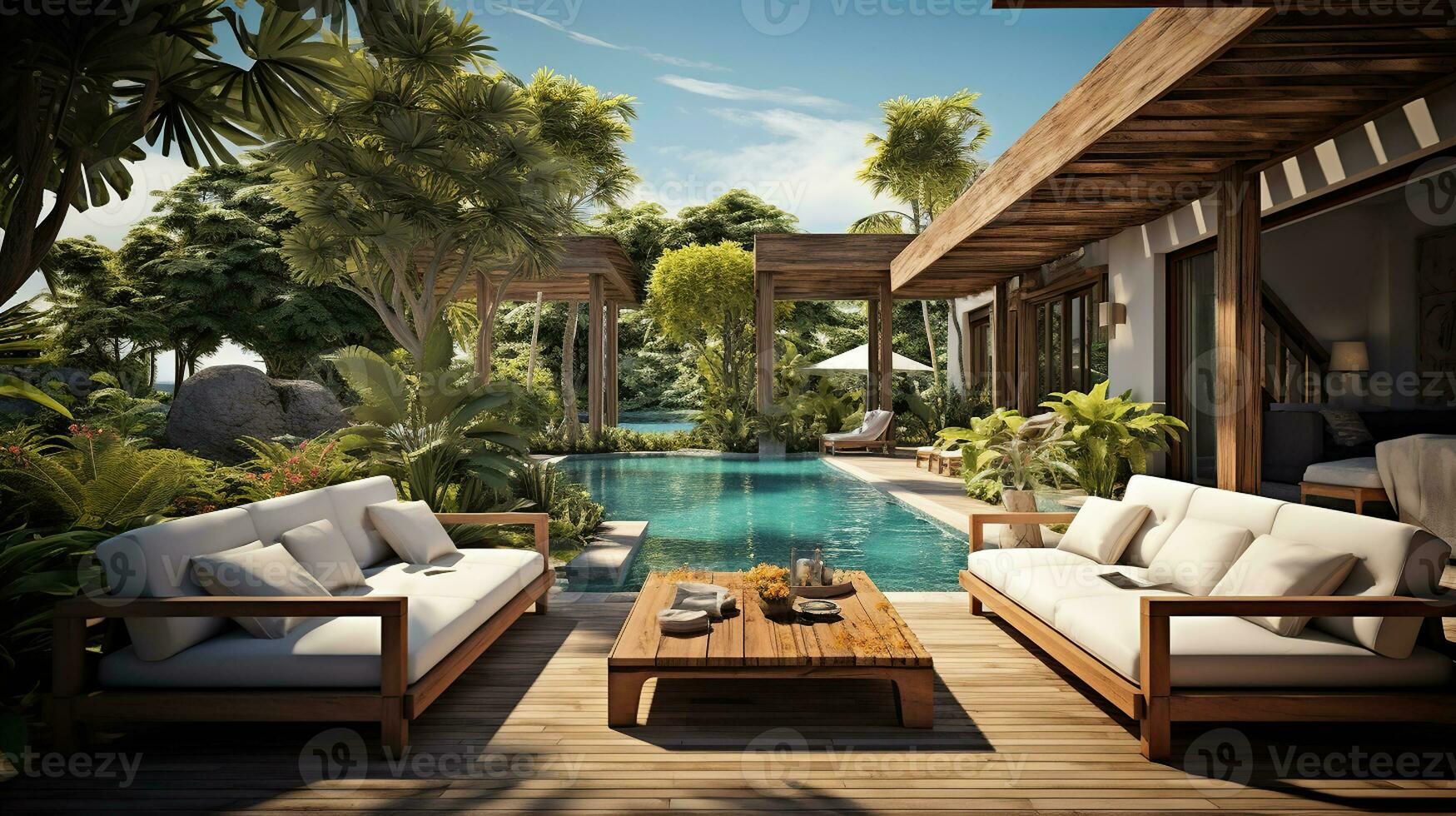 Pool in resort, terrace with sofas and sun loungers by the pool. Generative AI photo