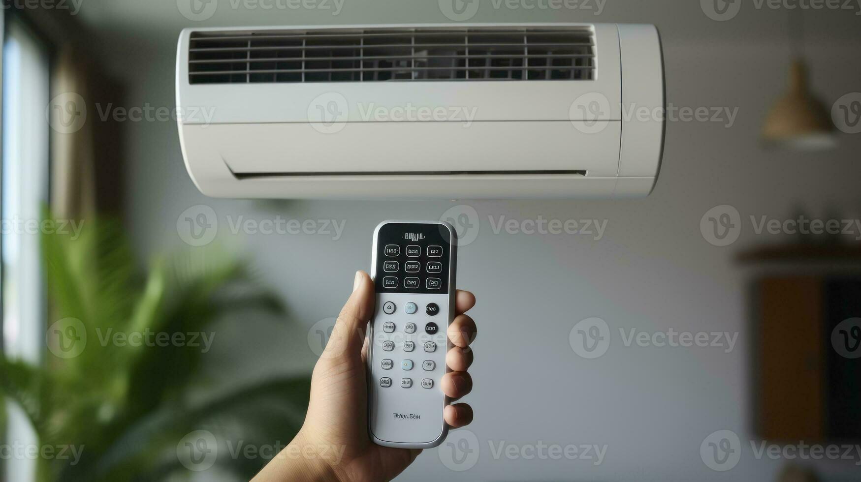 Hand holding the remote control aimed at air conditioner. Generative AI photo