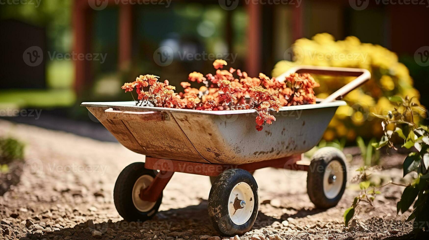 Retro wheelbarrow stored in the summer garden. Generative AI photo