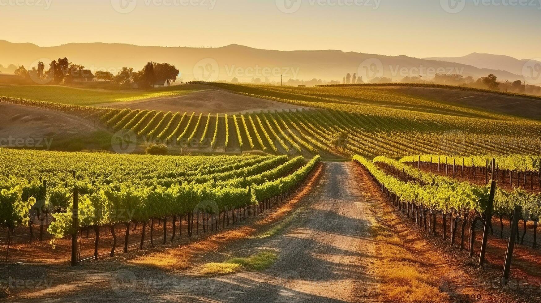 amanecer se baña el viñedos paisaje en calor. generativo ai foto