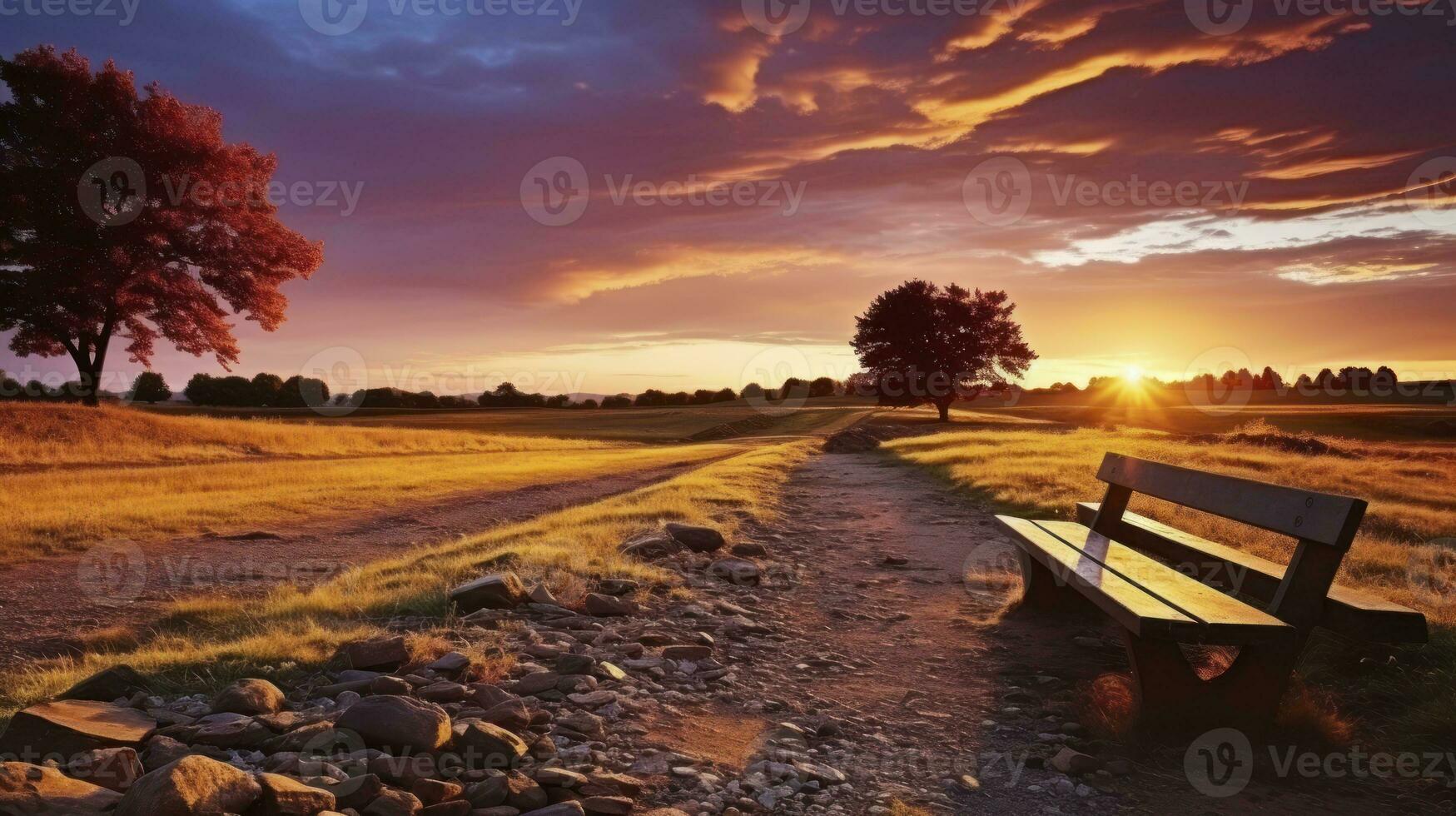 Benchside Bliss - Colorful sunset scenery in rural landscape with a bench and a path. Generative AI photo
