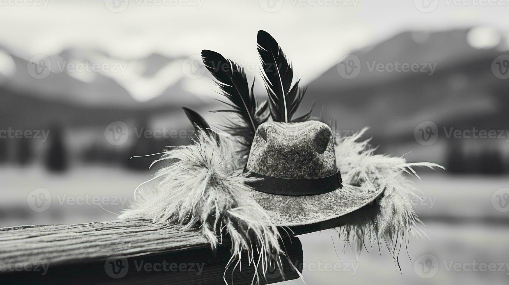 Handmade Charm. Feathered Hat Adorning a Wooden Fence with Mountain Views. Generative AI photo