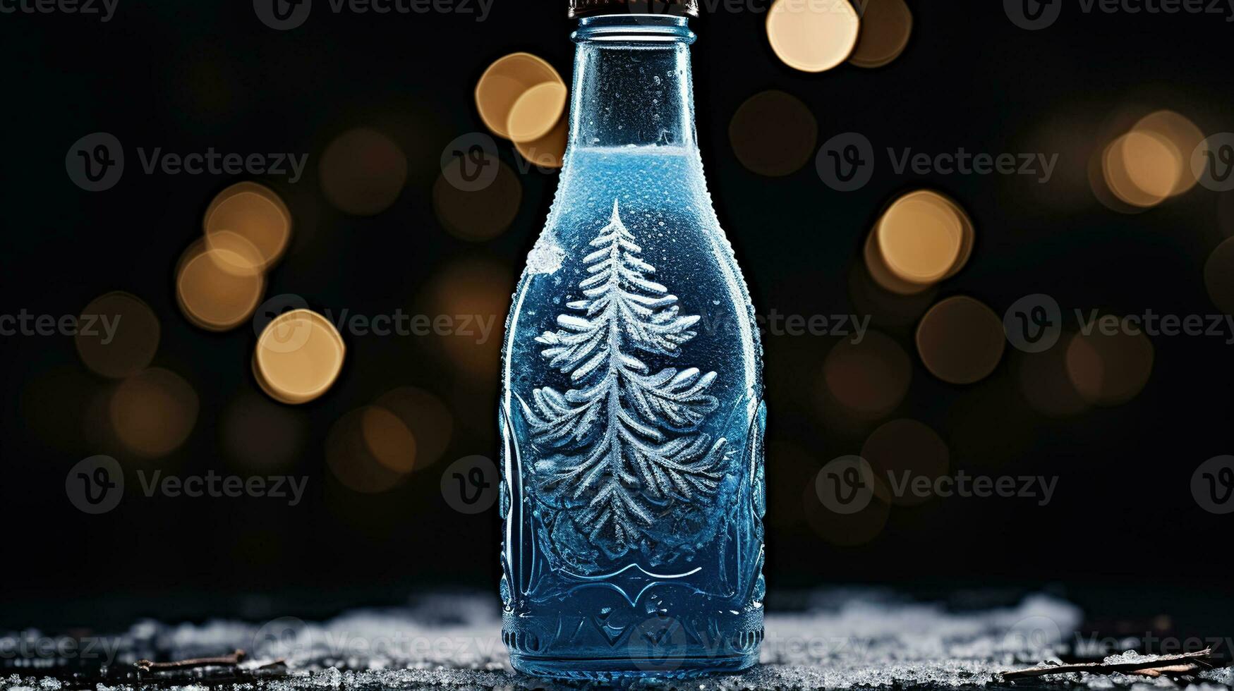 Blue Glass Bottle Amidst Snowy Spruce Branches. Generative AI photo