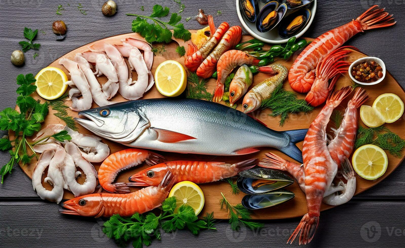 Embracing a Healthy Seafood Diet. View from above, Generative AI photo