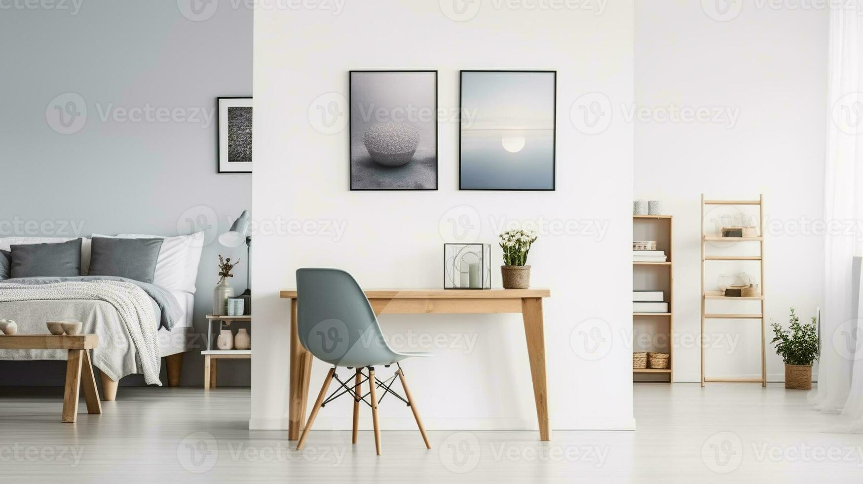 elegancia en sencillez - un silla a un de madera mesa en un blanco abierto espacio interior. generativo ai foto