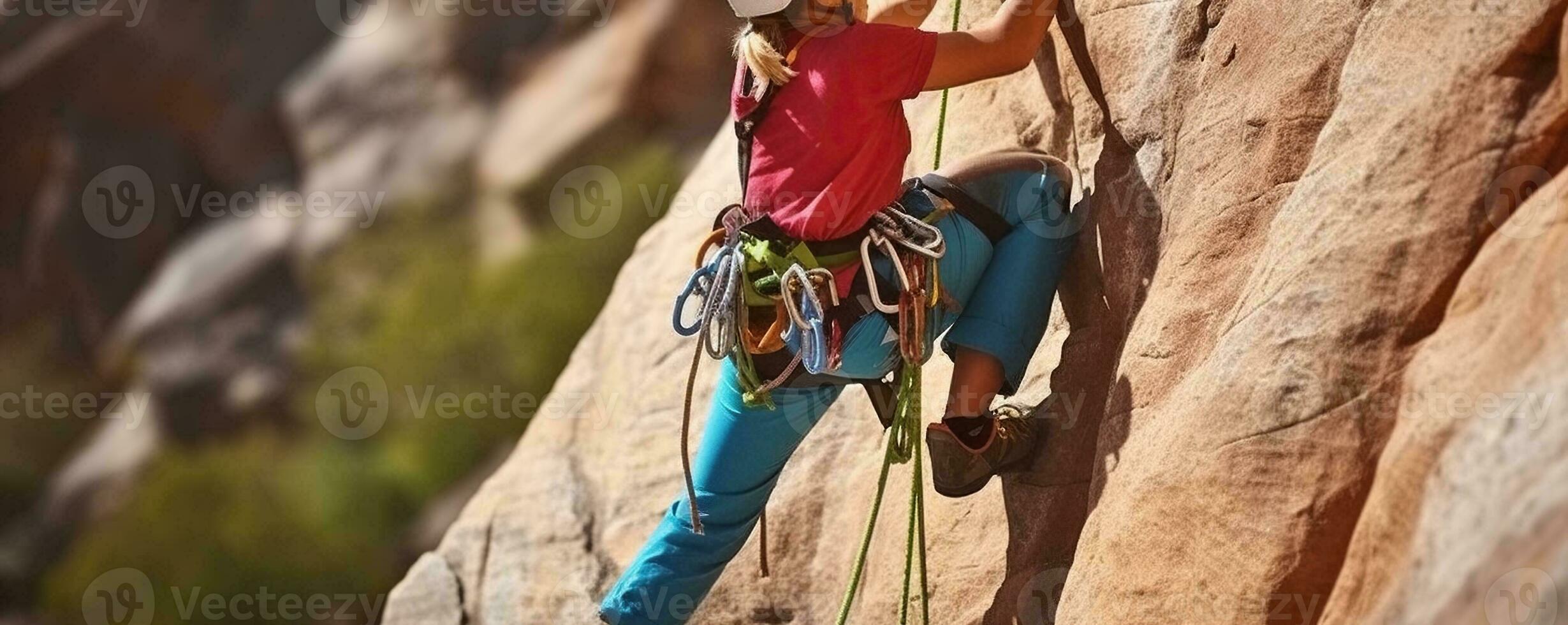 A Woman's Thrilling Climb on the Cliff. Generative AI photo