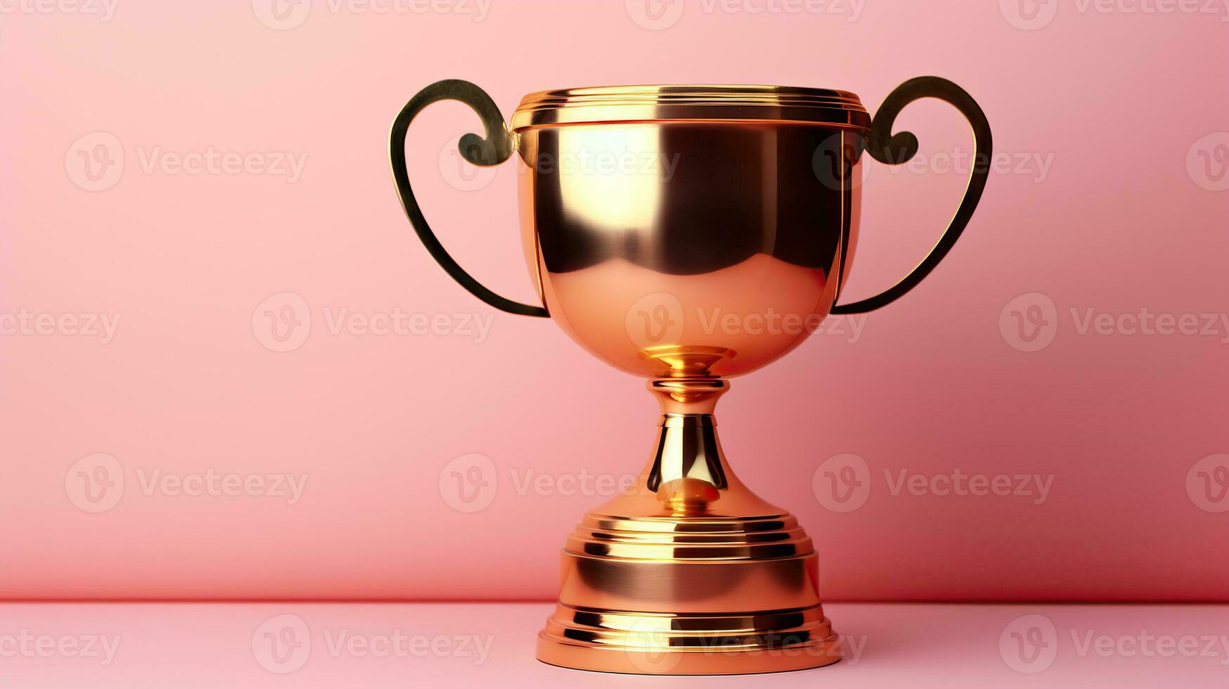 Championship trophy. Winner or champion golden trophy cup on pink background, copy space. Generative AI photo