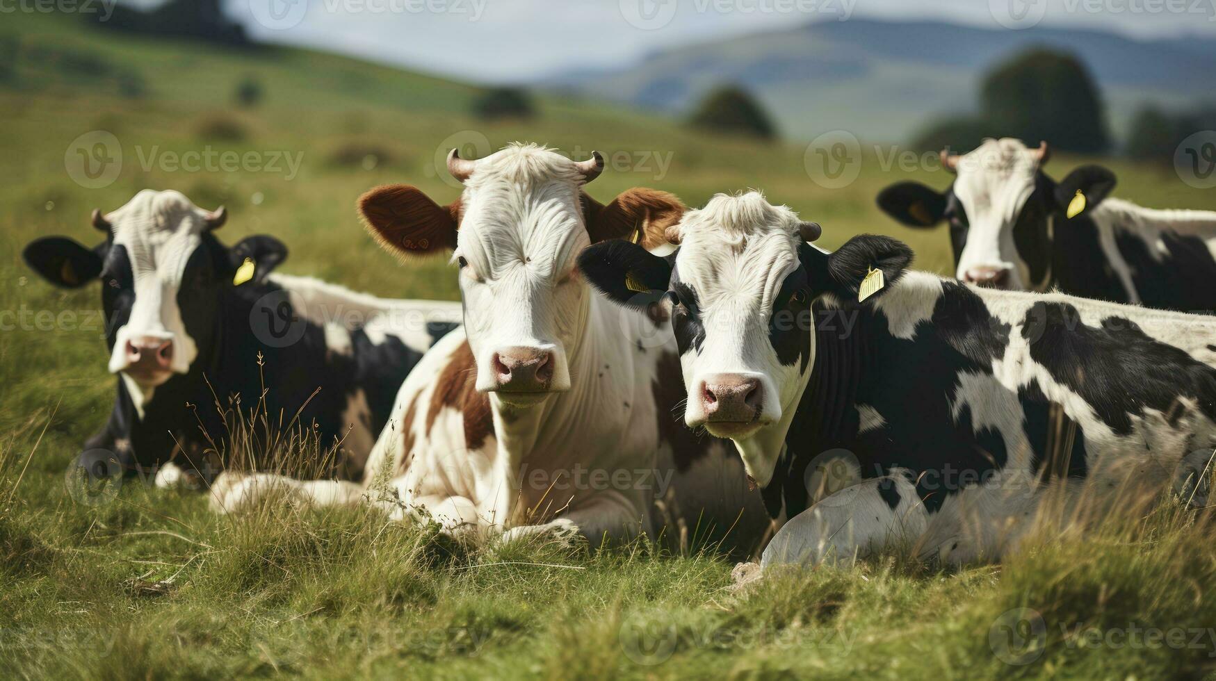 A Serene Assembly of Cows on Verdant Fields. Generative AI photo