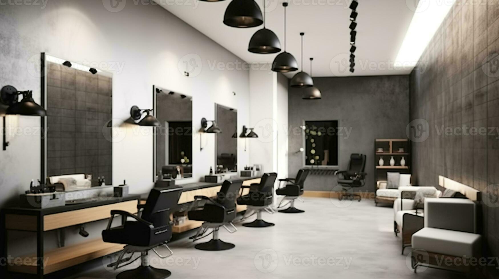 Modern interior of the beauty salon which consist of nail salon and barbershop with other salon equipment. Generative AI photo