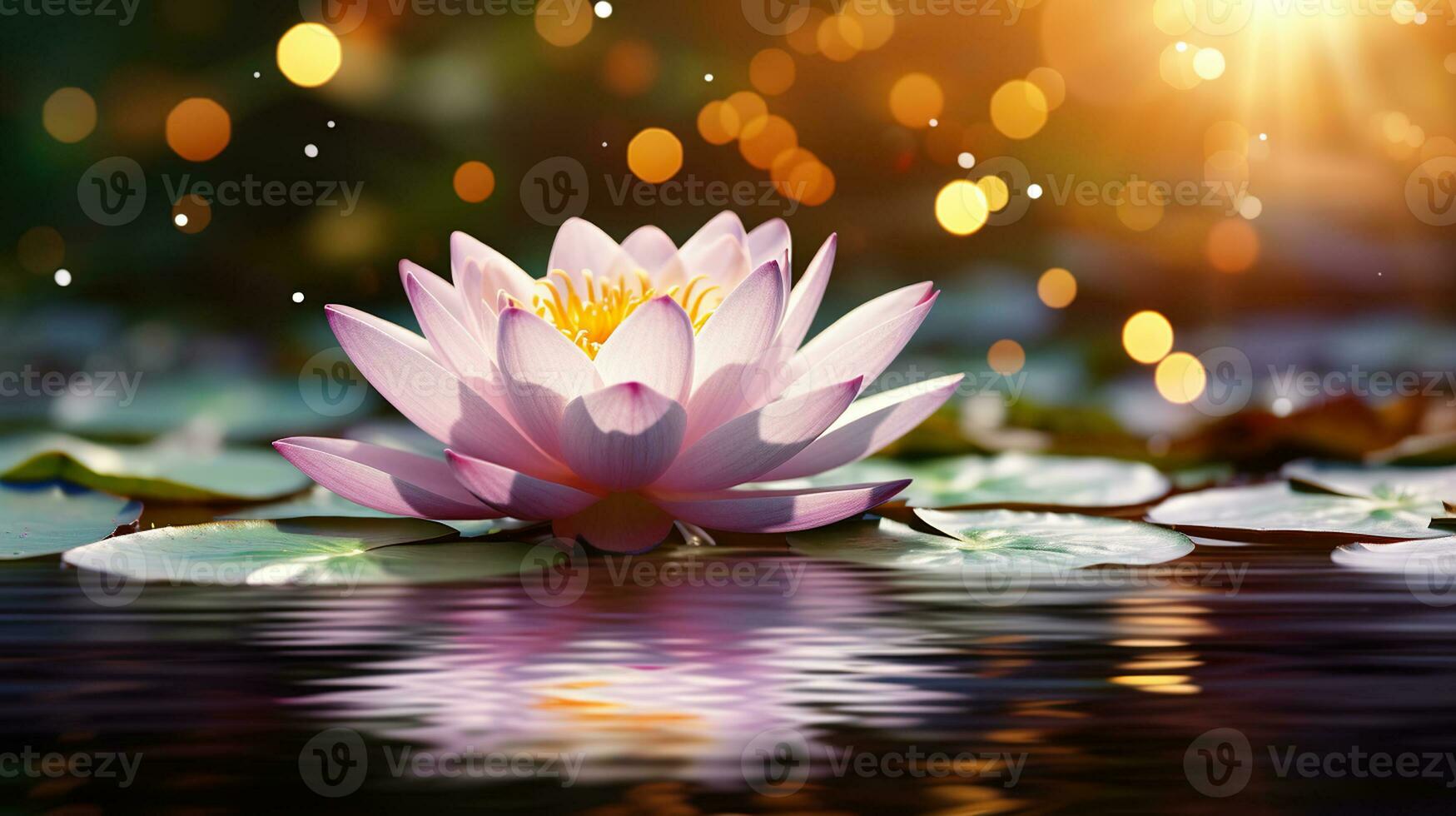 Lotus White and Light Purple. A Tranquil Floating Sparkle Background. Generative AI photo