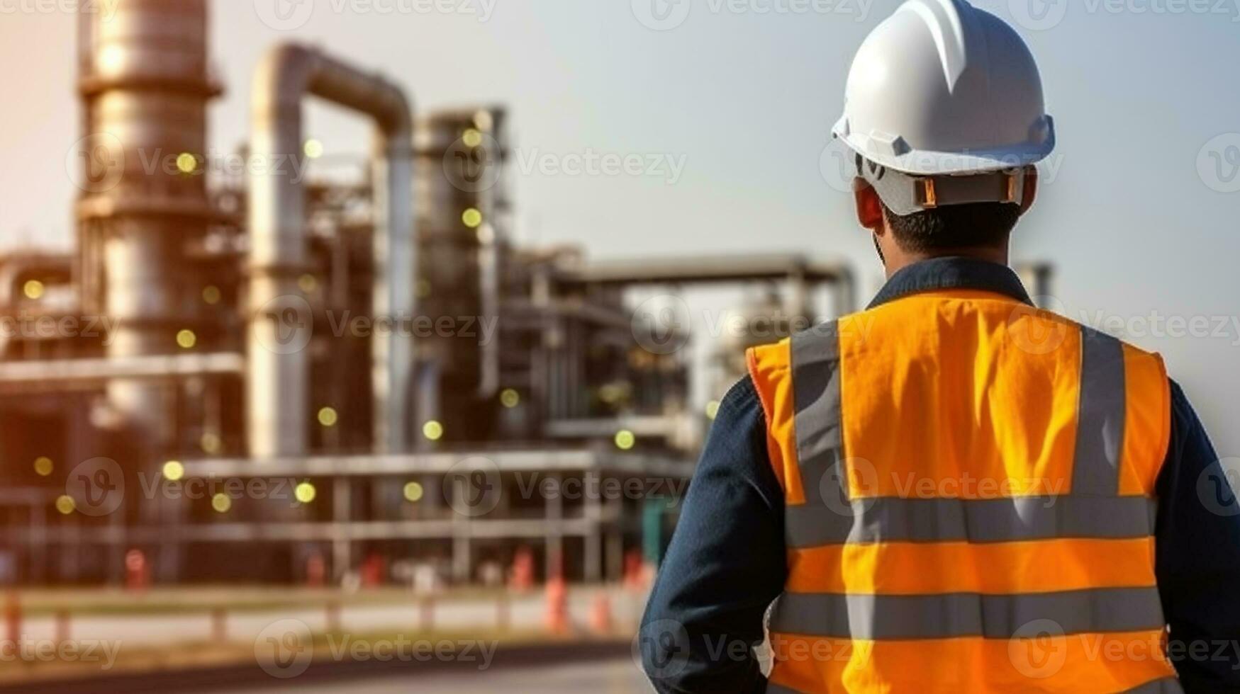 ingeniero en un blanco la seguridad casco en pie en frente de petróleo refinería. generativo ai foto