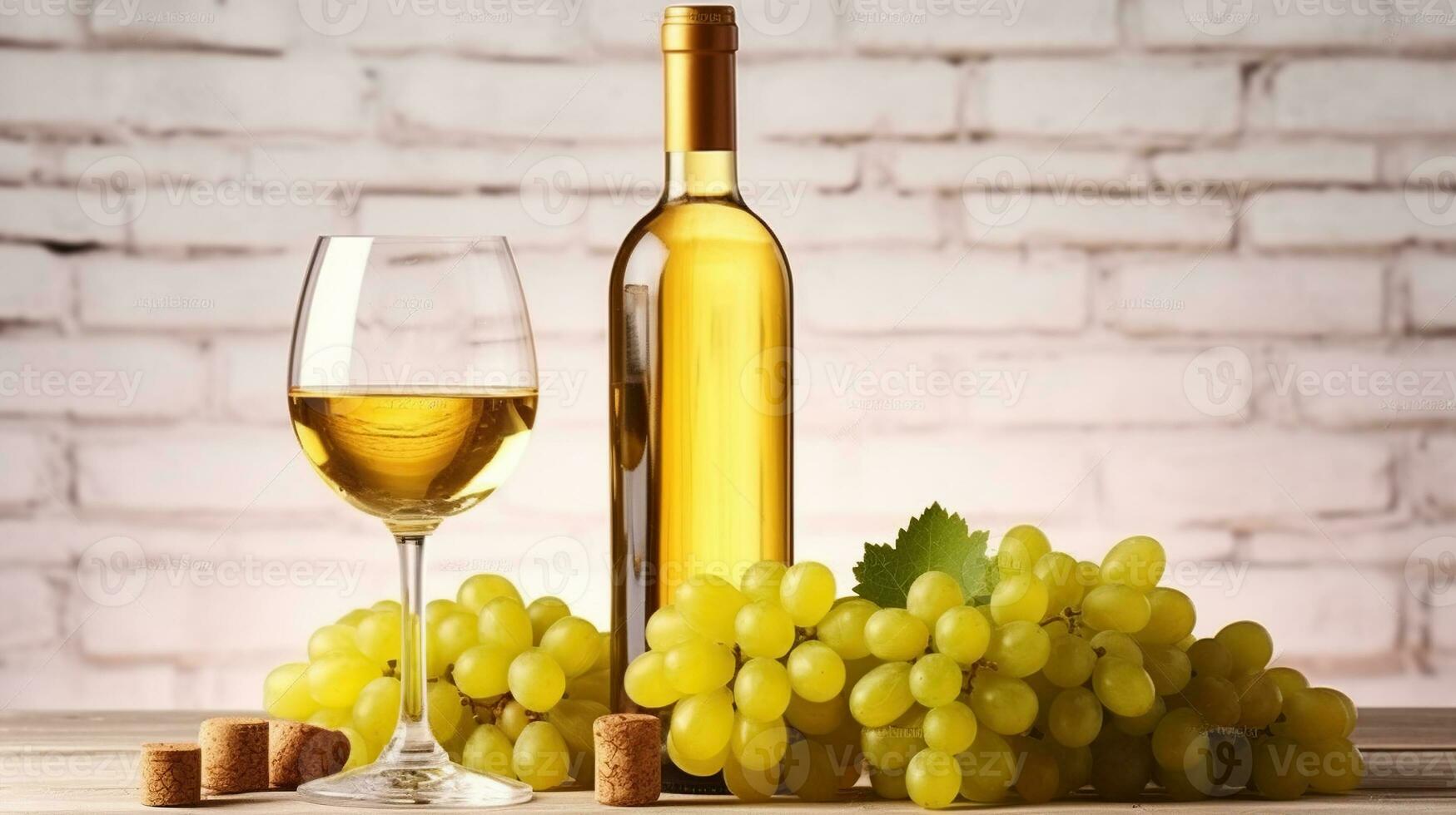 Vintage bottle of white wine without label with glasses and bunch of grapes on wooden table, lofty white brick wall background. Generative AI photo