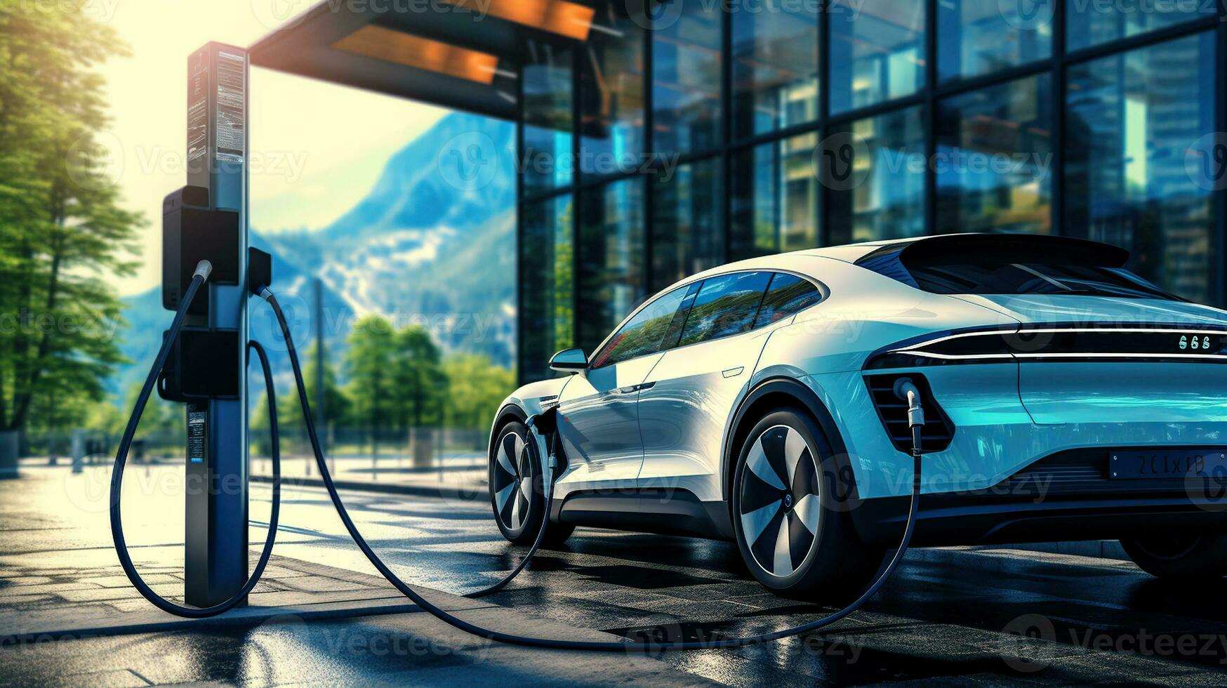 EV charging station for electric car in concept of green energy and eco power produced from sustainable. Generative AI photo