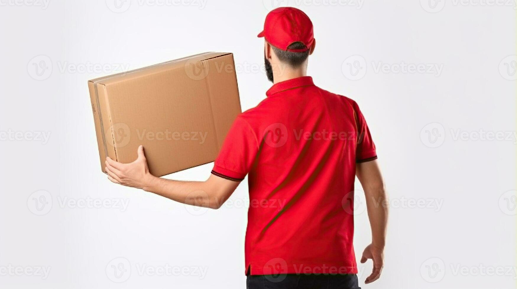 Back view of man carrying parcel or cardboard box. Copy space for text. Generative AI photo