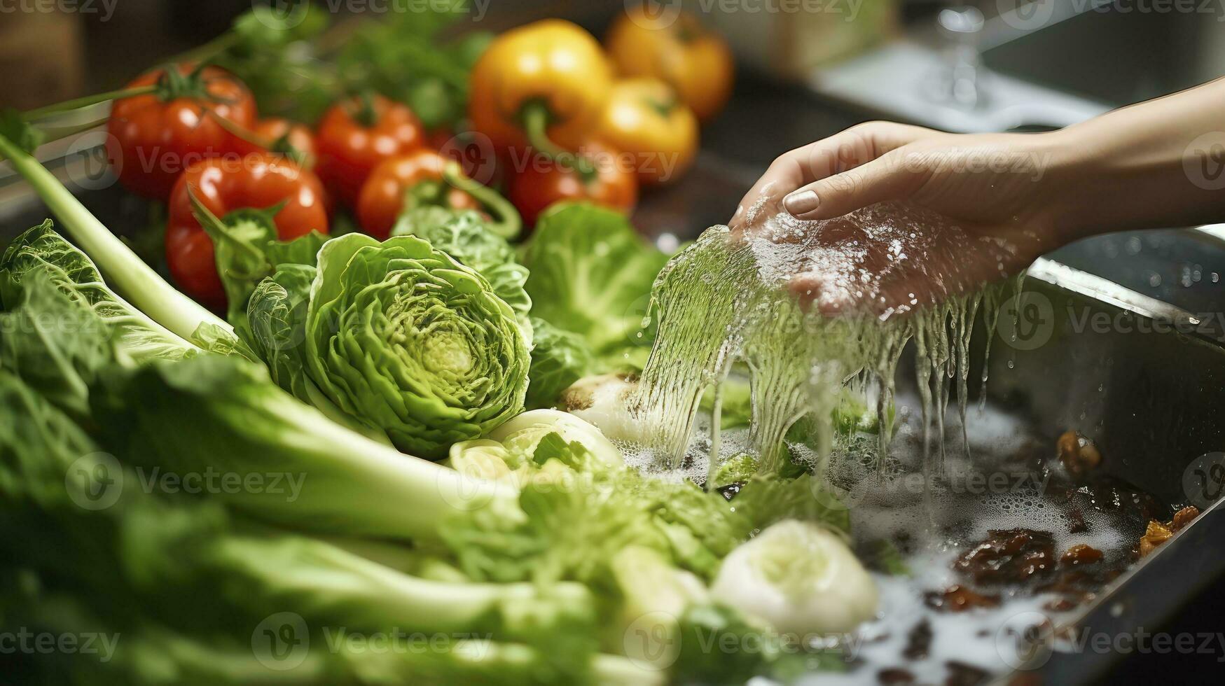 Thoroughly Washing Vegetables at the Sink to Ensure Freshness and Safety. Generative AI photo