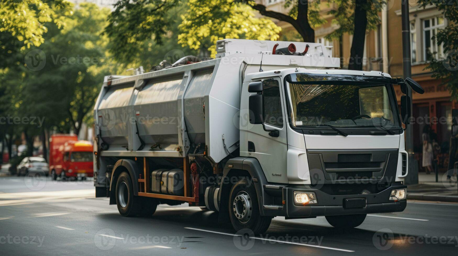 A White Garbage Truck at Work. Generative AI photo