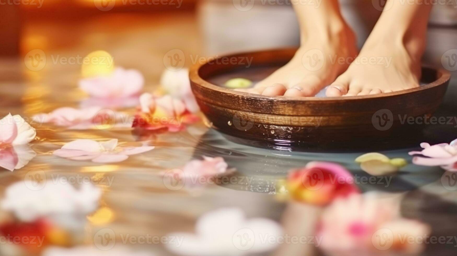 hembra pies a spa salón en pedicure procedimiento. hembra piernas en agua decoración el flores generativo ai foto