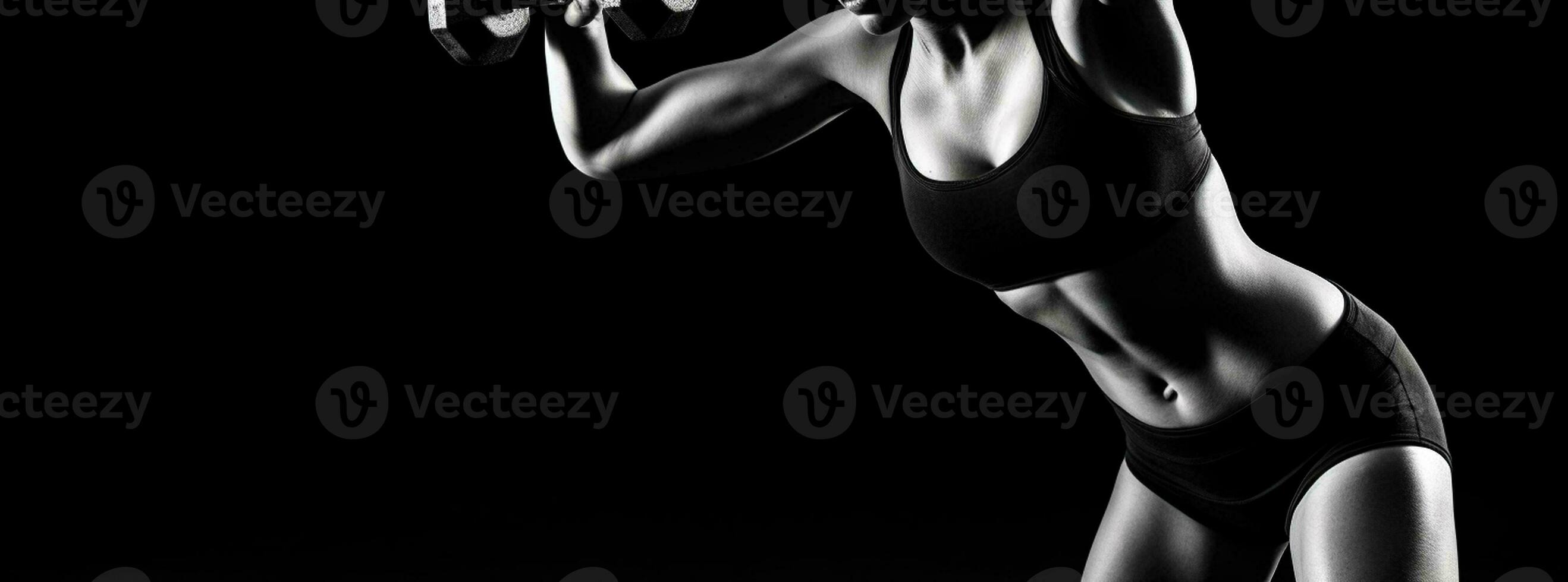 Female Bodybuilder Conquering the Dumbbell in black background. Generative AI photo