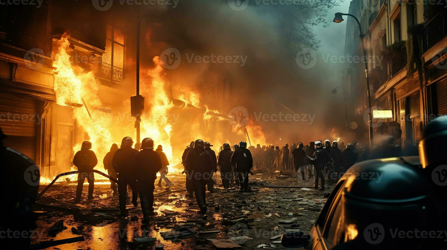 City in Turmoil. A Glimpse into the Revolutionary Riots and Protests. Burning building and cars in the city. Generative AI photo