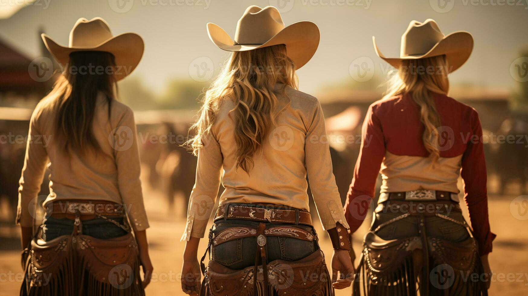 Boots, Buckles, and Braids. Cowgirls' Rodeo Showtime Preparations. Generative AI photo