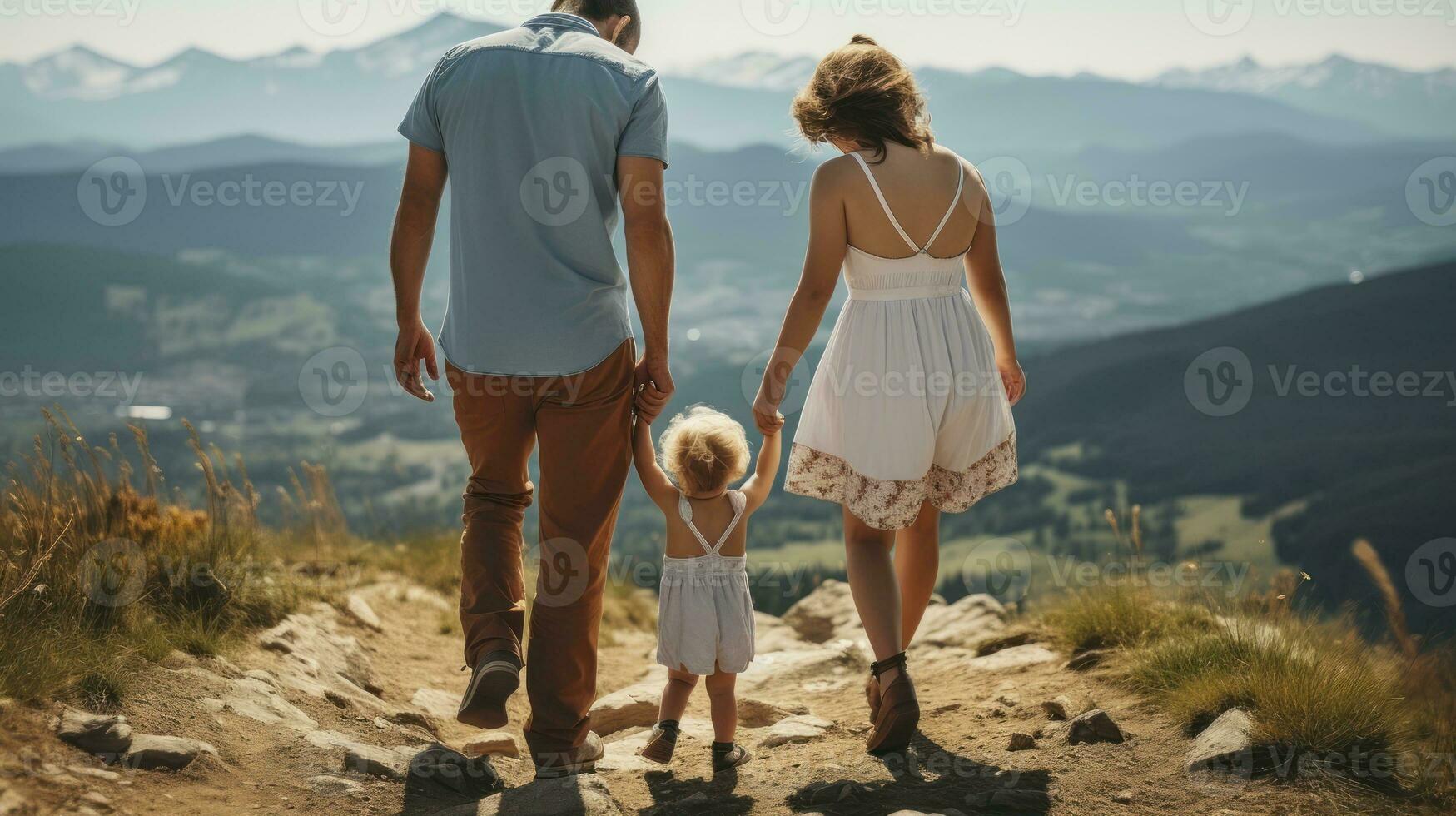 Mom, dad and daughter in the mountains enjoy and look at nature. Young family spending time together on vacation, outdoors. Generative AI photo