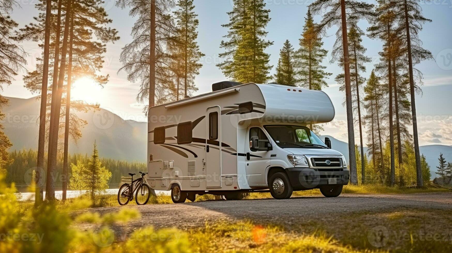 familia de vacaciones en comodidad y estilo con casa rodante, caravana coche vacaciones. generativo ai foto