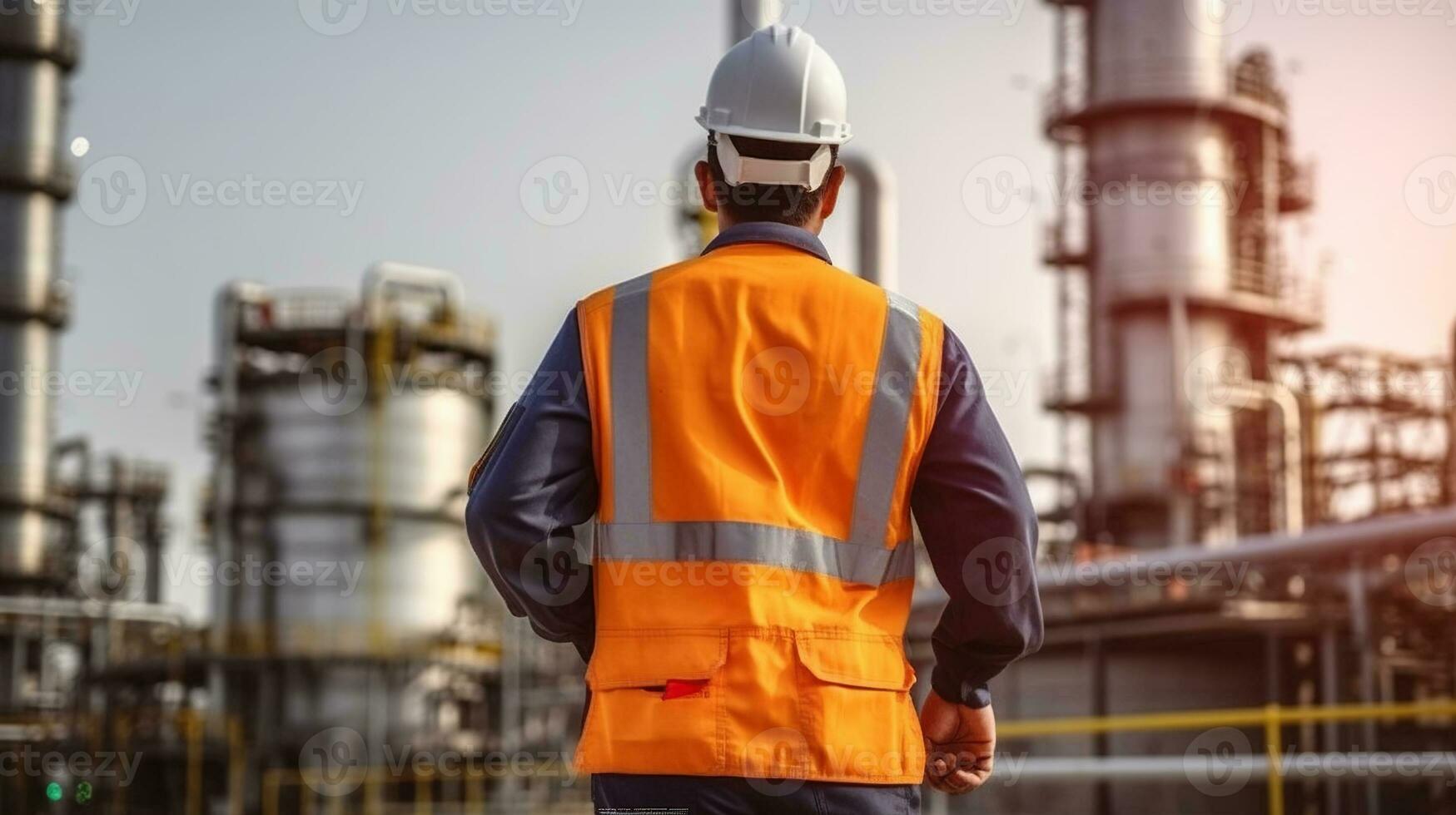 A man in an orange vest and hard hat standing in front of an oil refinery. Generative AI photo