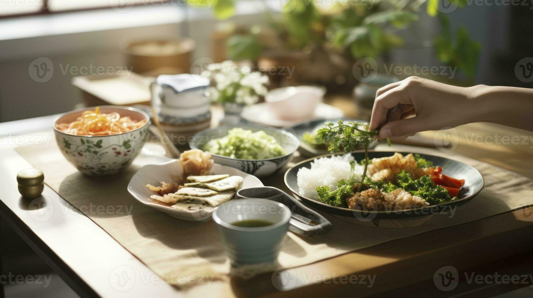Savoring a Traditional Japanese Breakfast at Home. Generative AI photo