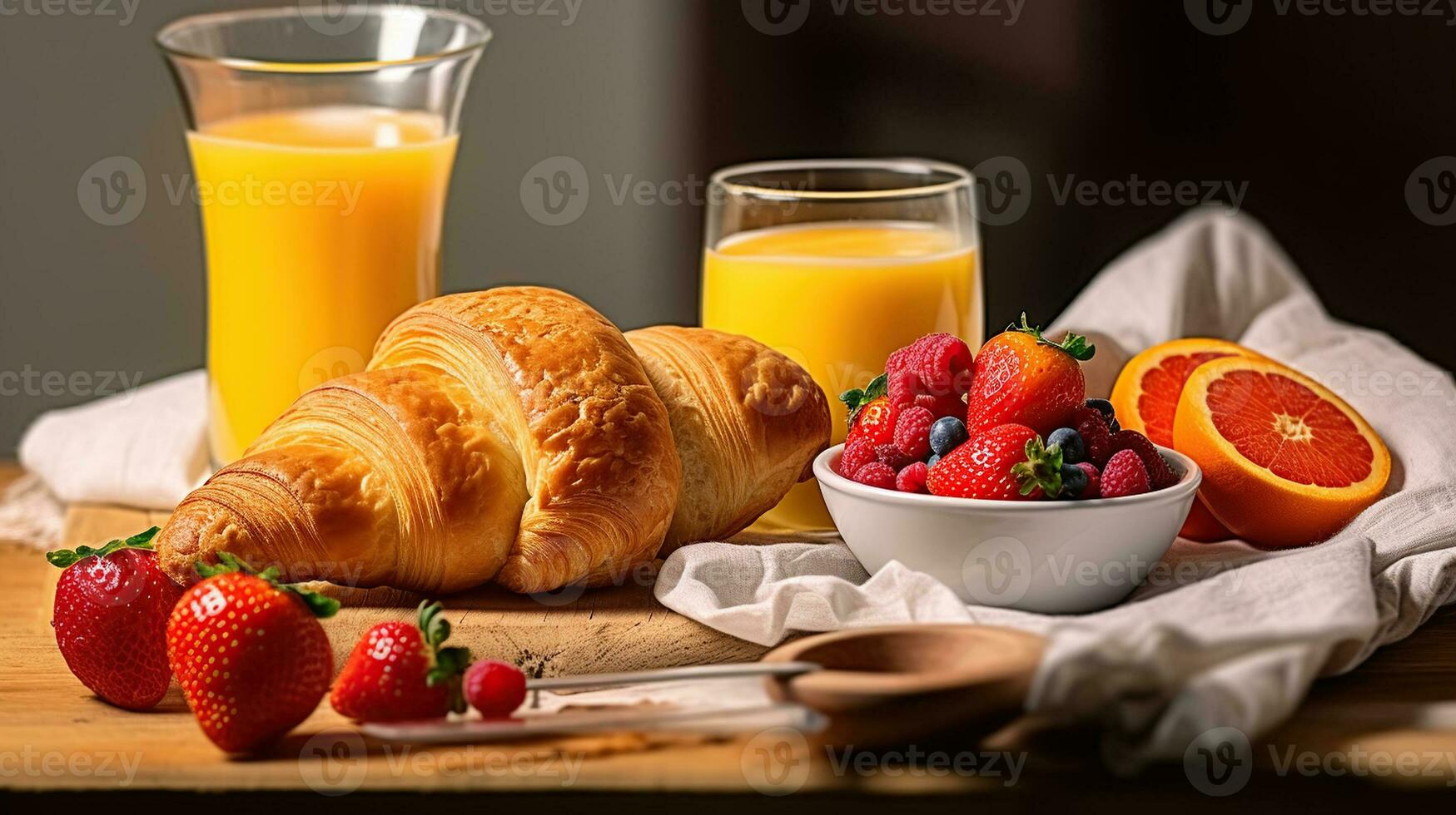 Savoring Early Breakfast Delights with Juice, Croissants, and Jam. Generative AI photo