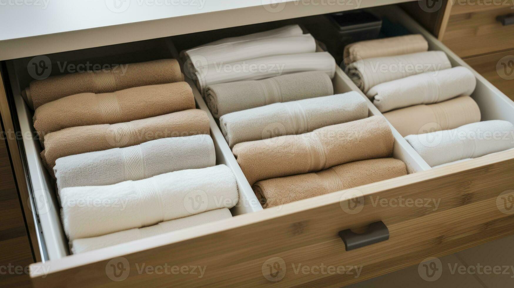 Neatly Arranged - Top view close up of an open drawer with folded towels. Generative AI photo
