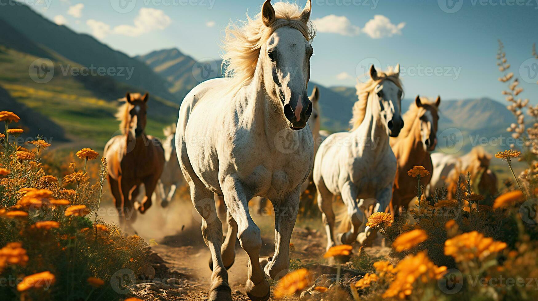 Broodmare wild horses runs on beautiful sunny hills, group of horses among blooming meadow on hills, Generative AI photo