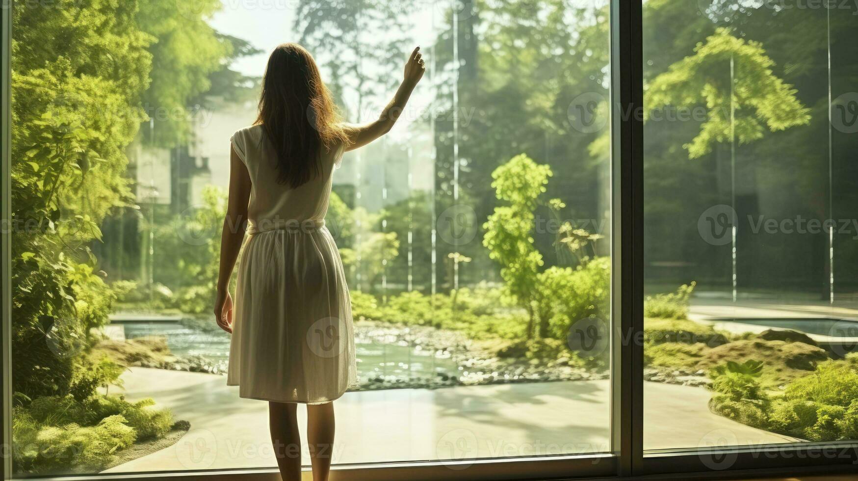 Young attractive woman standing near big full length window, touching glass. Enjoying garden view on exotic trees, grass, green lawn. Generative AI photo