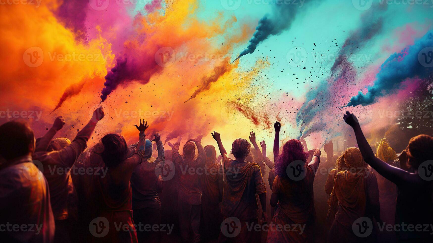 Spectacular Silhouettes - Dancing in a Shower of Holi's Colors. Vibrant Silhouettes at the Holi Festival of Colors. Generative AI photo