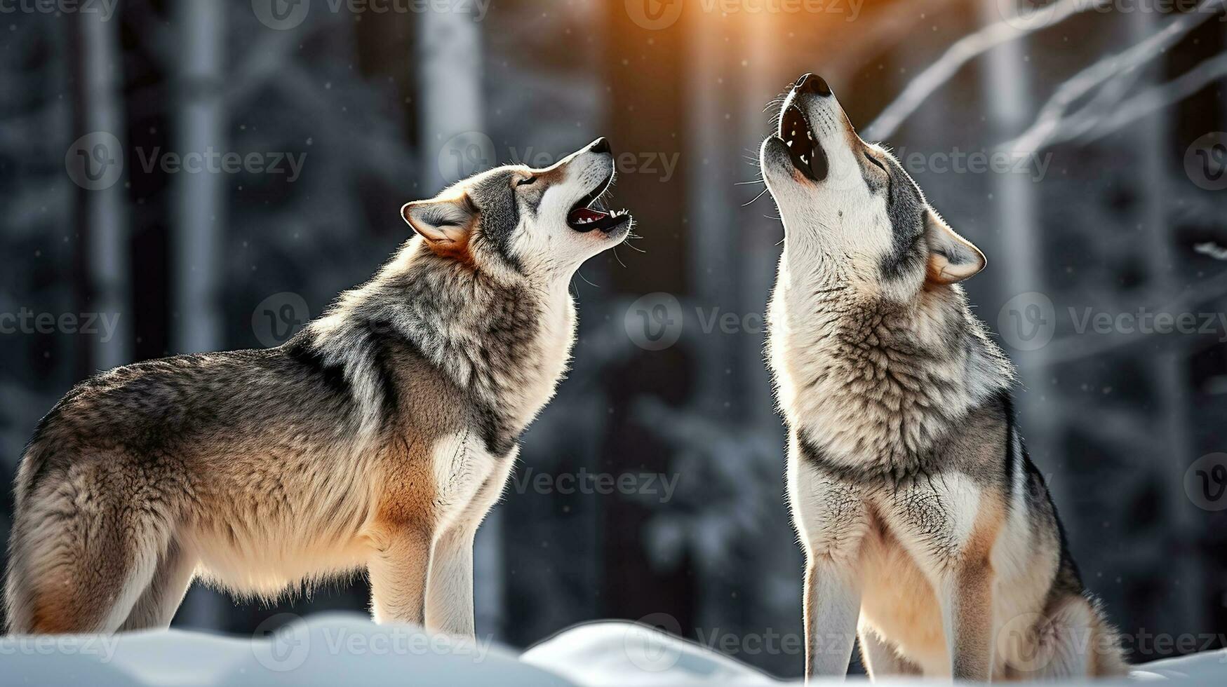 Lobos en el invierno bosque canto su sentimientos. generativo ai foto