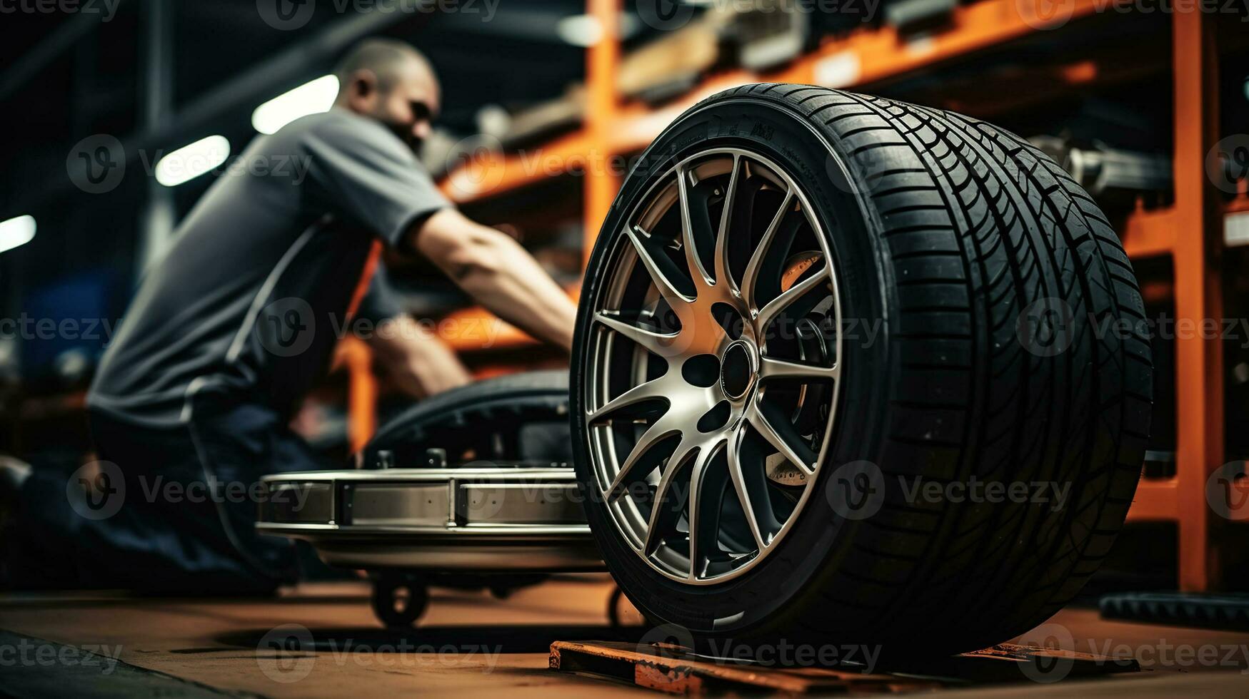 Mechanic service is changing new tires with garage background. Generative AI photo
