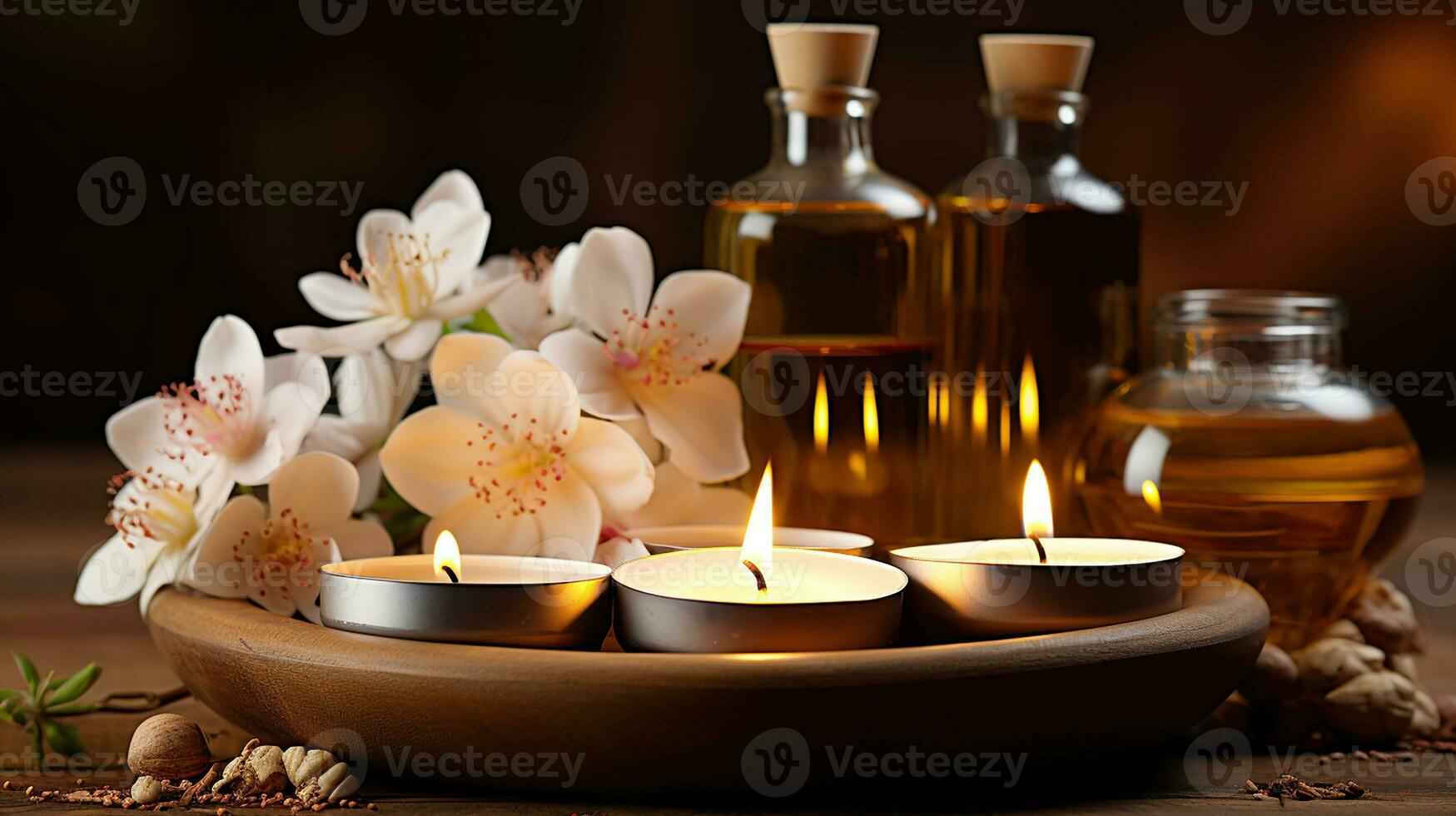 relajante masaje terapia escena con alumbrado por velas ambiente y floral elegancia. generativo ai foto