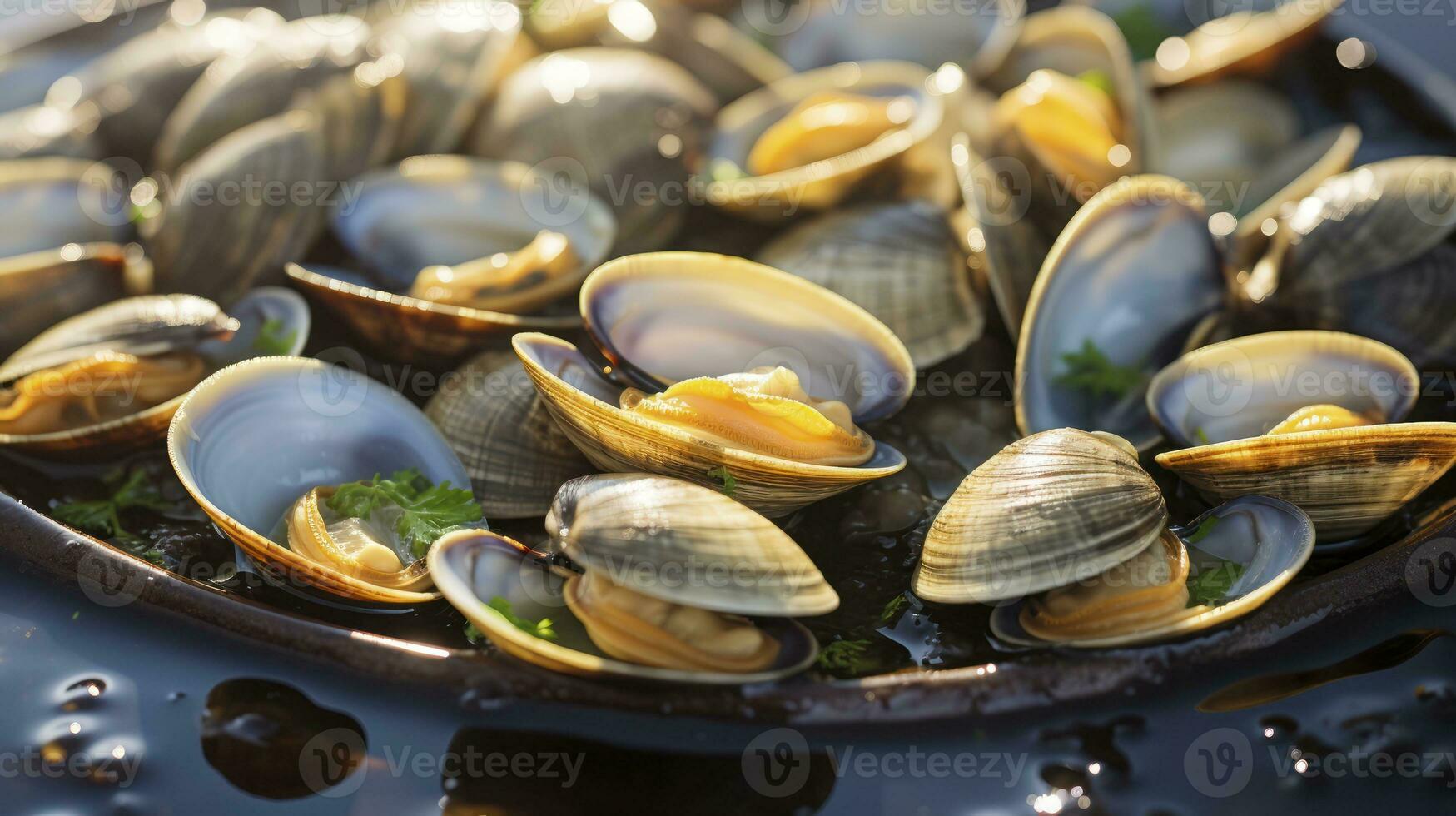 saboreando el mar. un de cerca de recién al vapor almejas. generativo ai foto