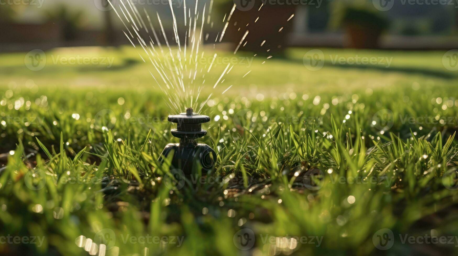Green Oasis. Automatic sprinkler system watering the lawn. Lawn irrigation in public park. Generative AI photo