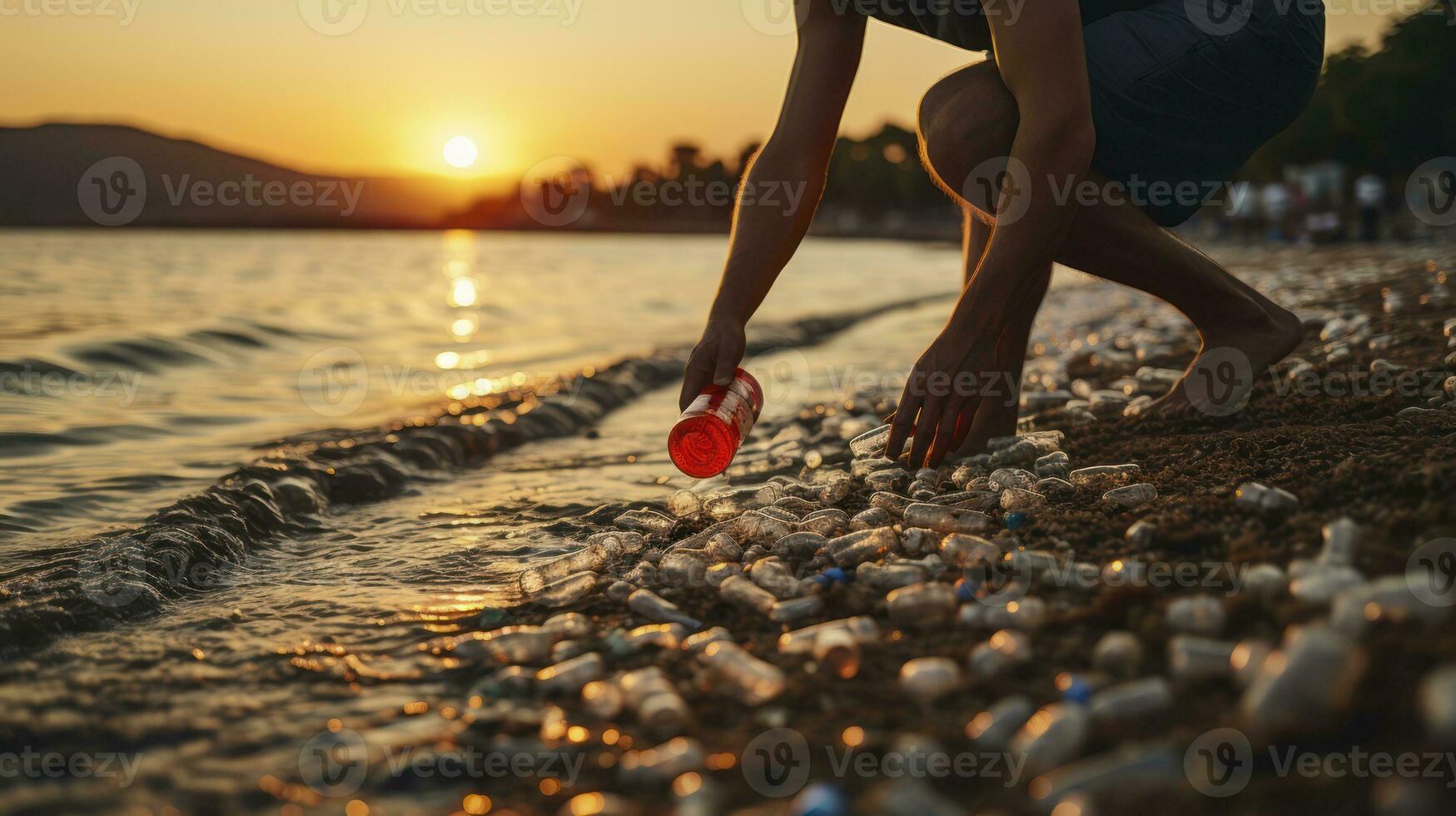 A Man's stand against plastic waste bottle on the beach in sunset. Generative AI photo